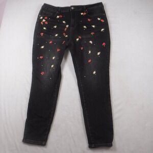Fashion Nova Black Floral Embroidered Skinny Jeans with Rhinestones Womens